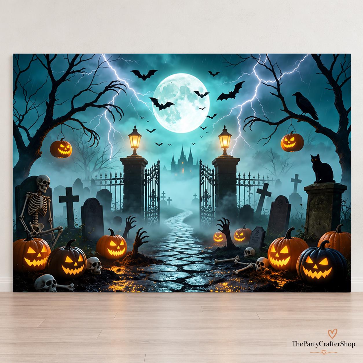 Spooky Halloween Graveyard Backdrop, Full Moon Pumpkin Party Decor (10x8ft)