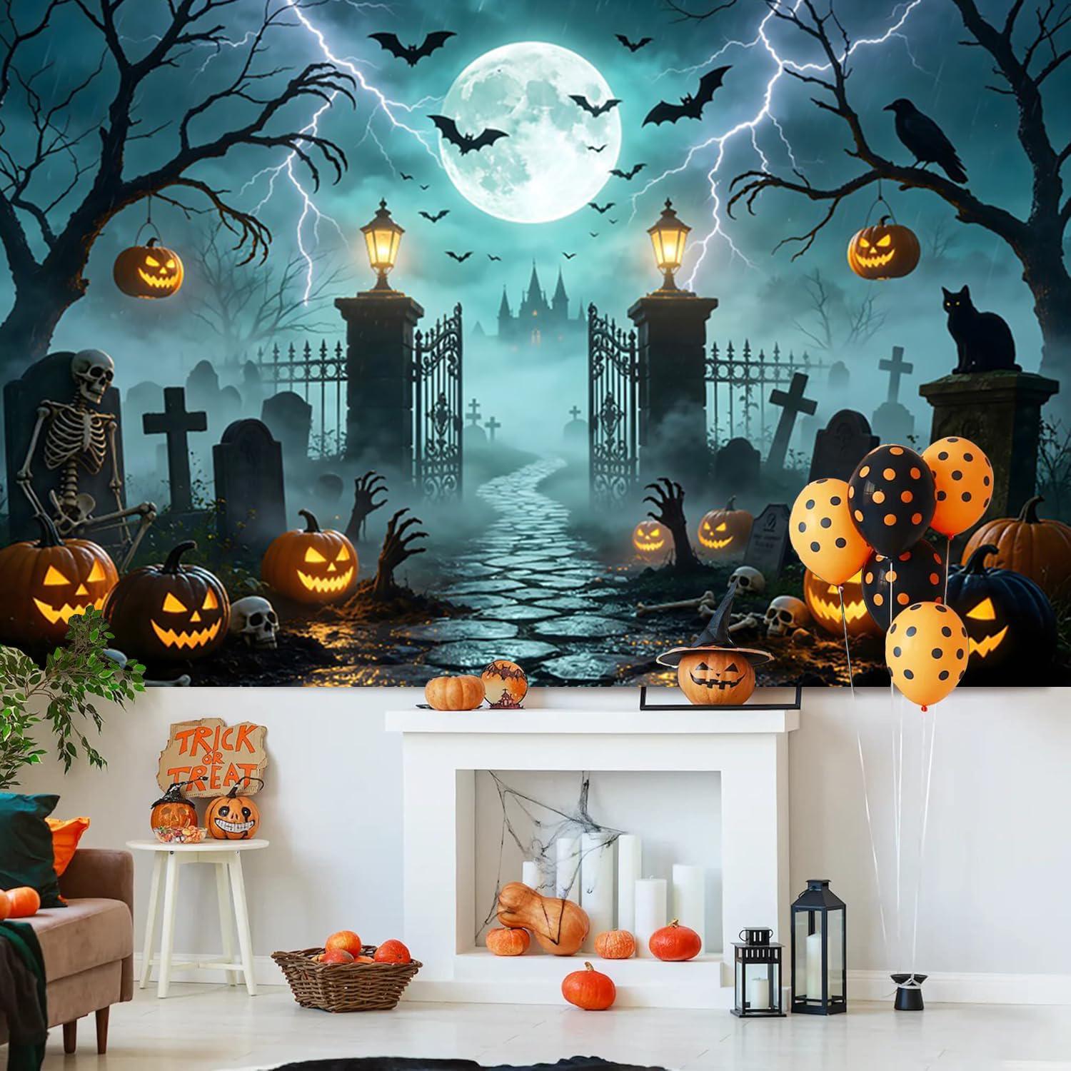 Spooky Halloween Graveyard Backdrop, Full Moon Pumpkin Party Decor (10x8ft)