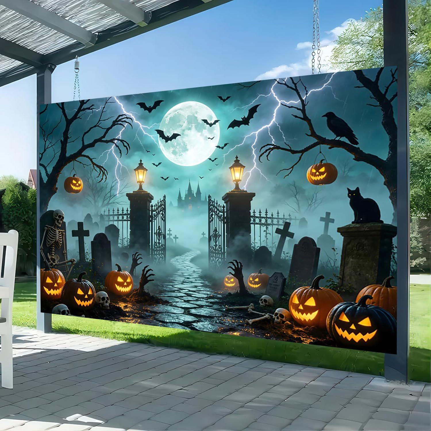 Spooky Halloween Graveyard Backdrop, Full Moon Pumpkin Party Decor (10x8ft)