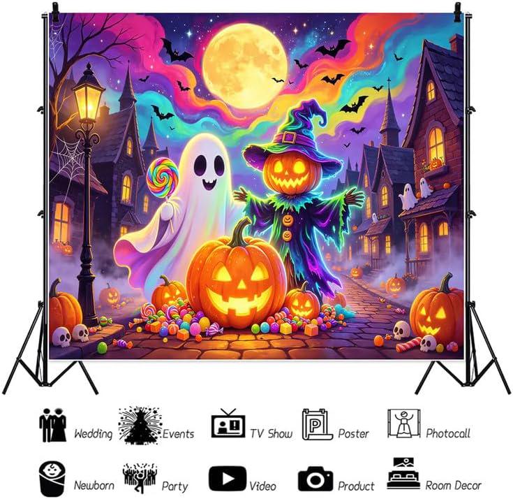10x8ft Halloween Backdrop, Cartoon Pumpkin Scarecrow Ghost Full Moon Vinyl Photo Background (Party Decor)