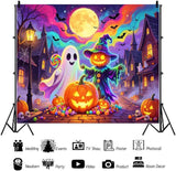 10x8ft Halloween Backdrop, Cartoon Pumpkin Scarecrow Ghost Full Moon Vinyl Photo Background (Party Decor)