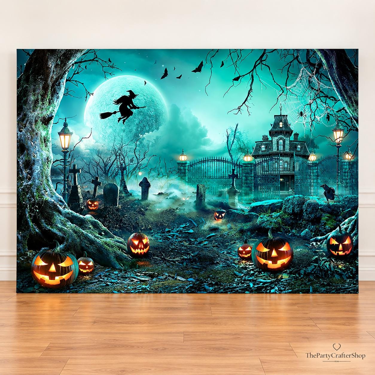 8x6ft Halloween Backdrop, Spooky Castle Pumpkin Witch Bat Polyester Photo Background (96x72 inches)