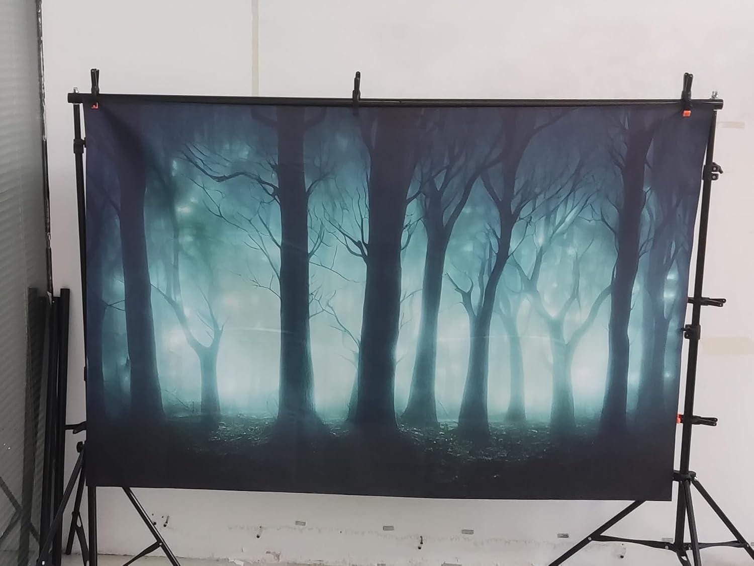 Misty Dark Forest Backdrop, Spooky Night Woods Photography Background (7x5 ft Vinyl)
