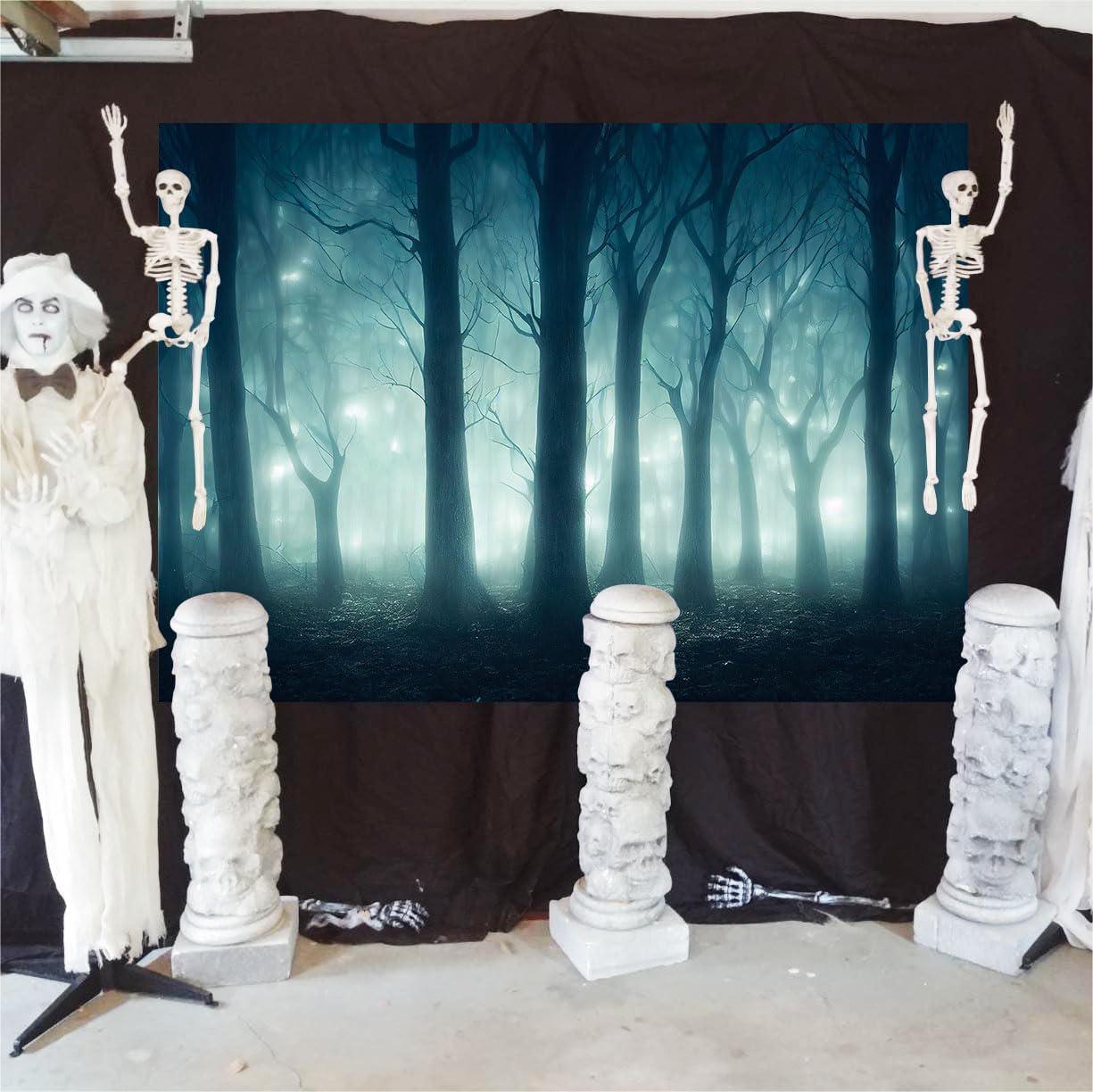 Misty Dark Forest Backdrop, Spooky Night Woods Photography Background (7x5 ft Vinyl)