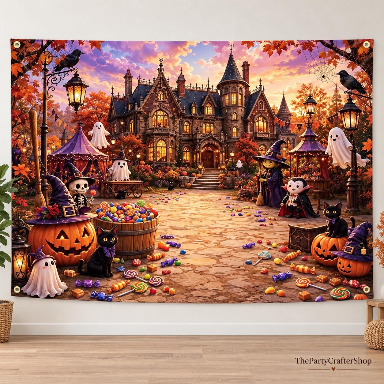 7x5 FT Halloween Backdrop, Haunted Mansion Candy Ghost Photography Background (Indoor Outdoor Party Decor)