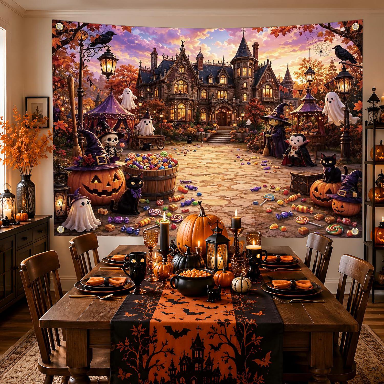 7x5 FT Halloween Backdrop, Haunted Mansion Candy Ghost Photography Background (Indoor Outdoor Party Decor)