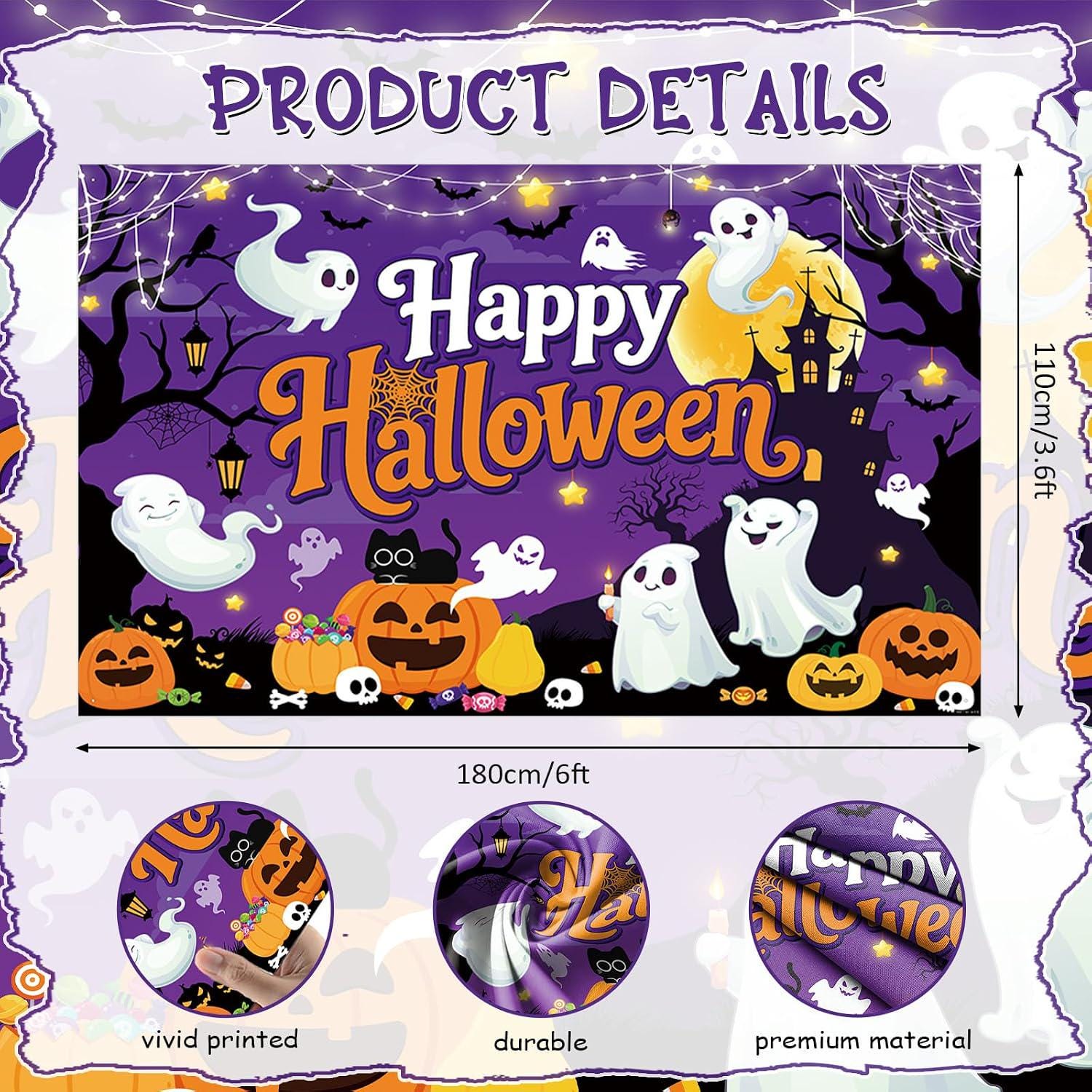 Happy Halloween Backdrop, Ghost Pumpkin Photo Booth Banner (70.8x43.3 Inch)