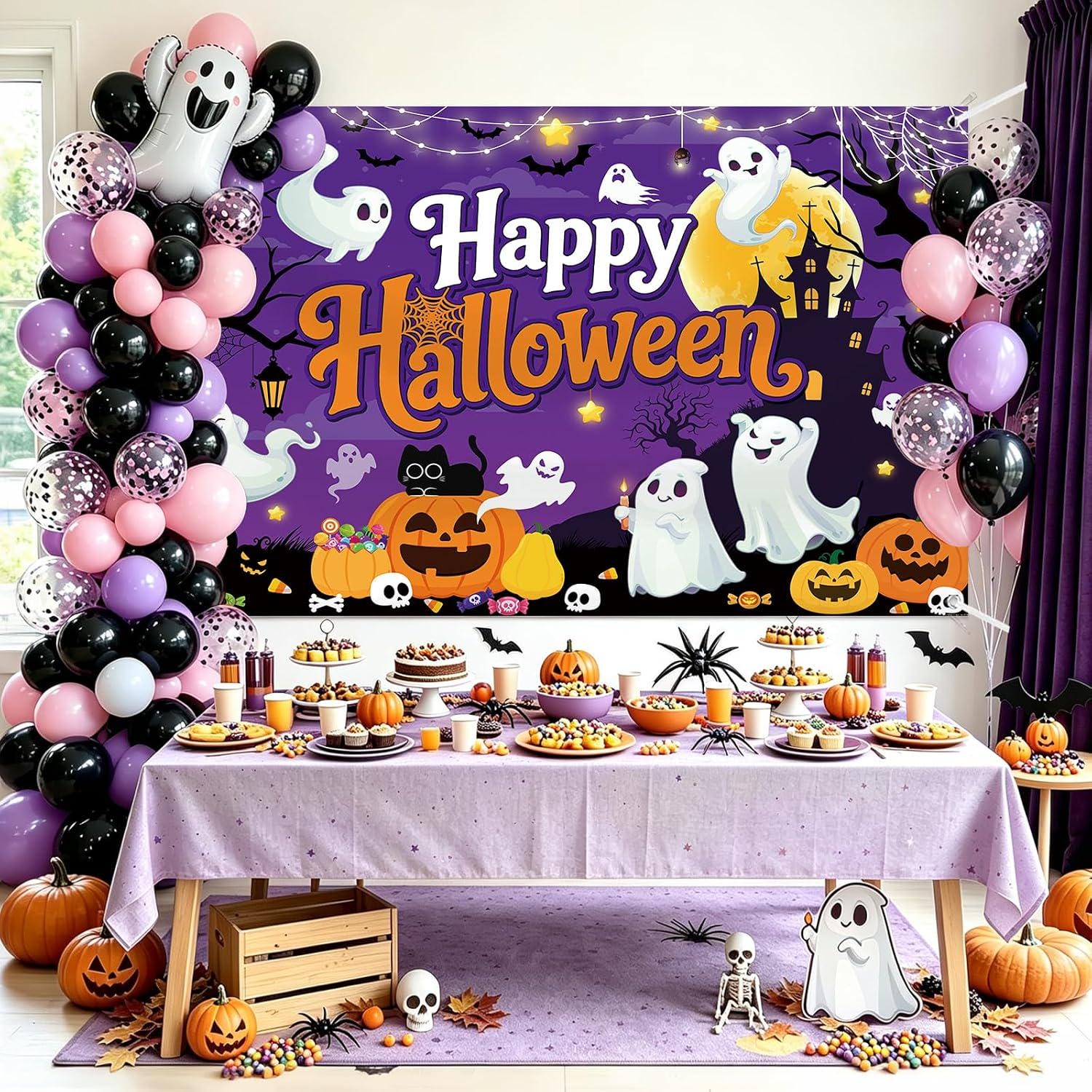 Happy Halloween Backdrop, Ghost Pumpkin Photo Booth Banner (70.8x43.3 Inch)
