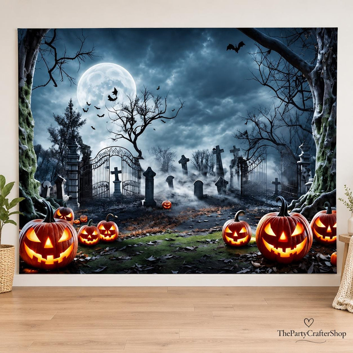 10x8ft Halloween Graveyard Backdrop, Full Moon Pumpkin Cemetery (Vinyl)