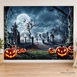 10x8ft Halloween Graveyard Backdrop, Full Moon Pumpkin Cemetery (Vinyl)