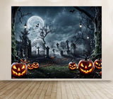 10x8ft Halloween Graveyard Backdrop, Full Moon Pumpkin Cemetery (Vinyl)