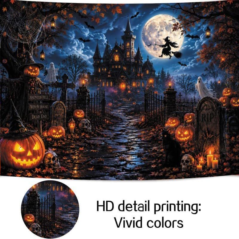 10x8ft Halloween Backdrop, Gothic Castle, Witch, Pumpkins, Ghosts (Vinyl)