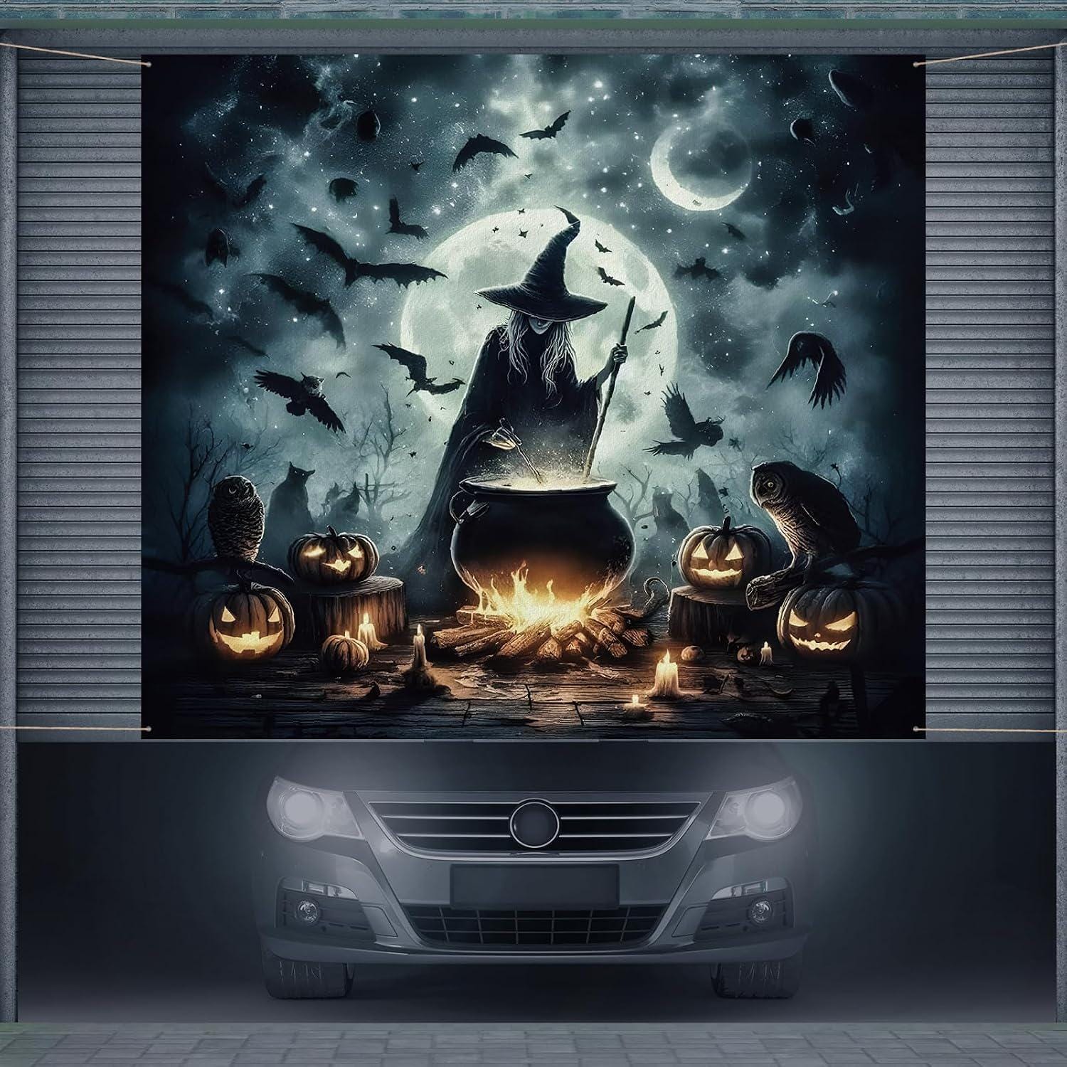 7x8 ft Halloween Garage Door Banner, Witch Cauldron Night Scene (Outdoor Indoor Party Decor)