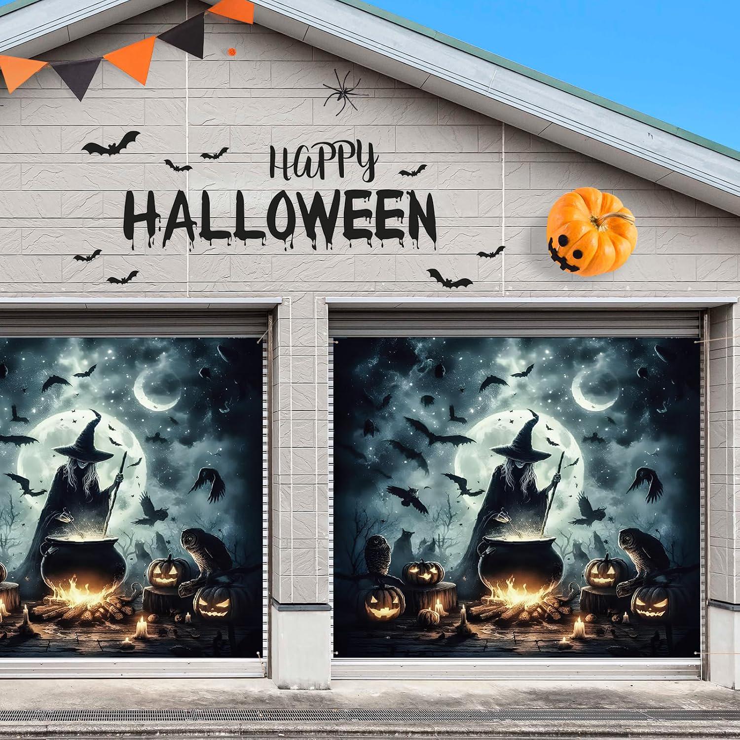 7x8 ft Halloween Garage Door Banner, Witch Cauldron Night Scene (Outdoor Indoor Party Decor)