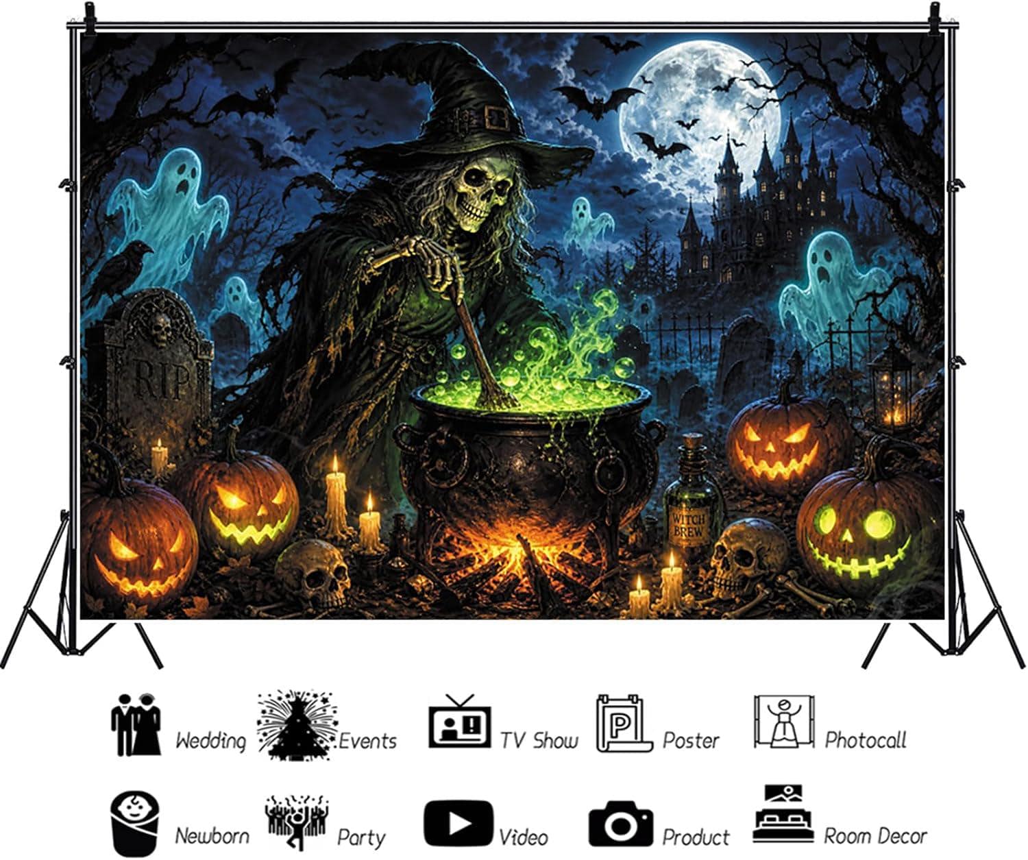 Gothic Witch Cauldron Halloween Backdrop, Ghost Pumpkin Graveyard Photo Background (10x8ft)