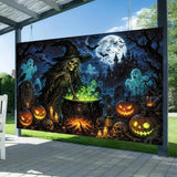 Gothic Witch Cauldron Halloween Backdrop, Ghost Pumpkin Graveyard Photo Background (10x8ft)