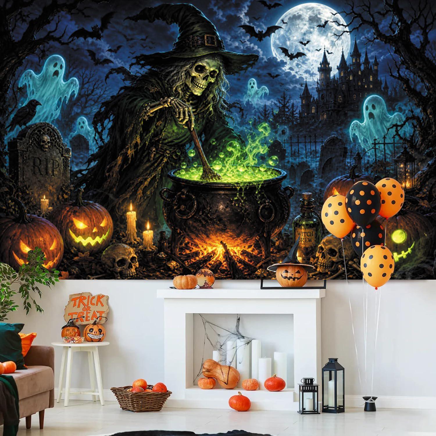 Gothic Witch Cauldron Halloween Backdrop, Ghost Pumpkin Graveyard Photo Background (10x8ft)