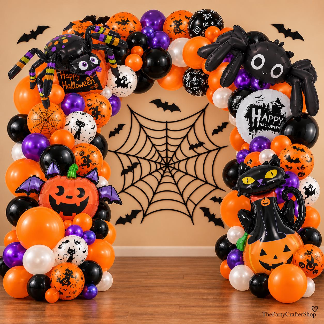 126-Piece Halloween Balloon Arch Kit, Orange Black Purple Spider Web Party Decor