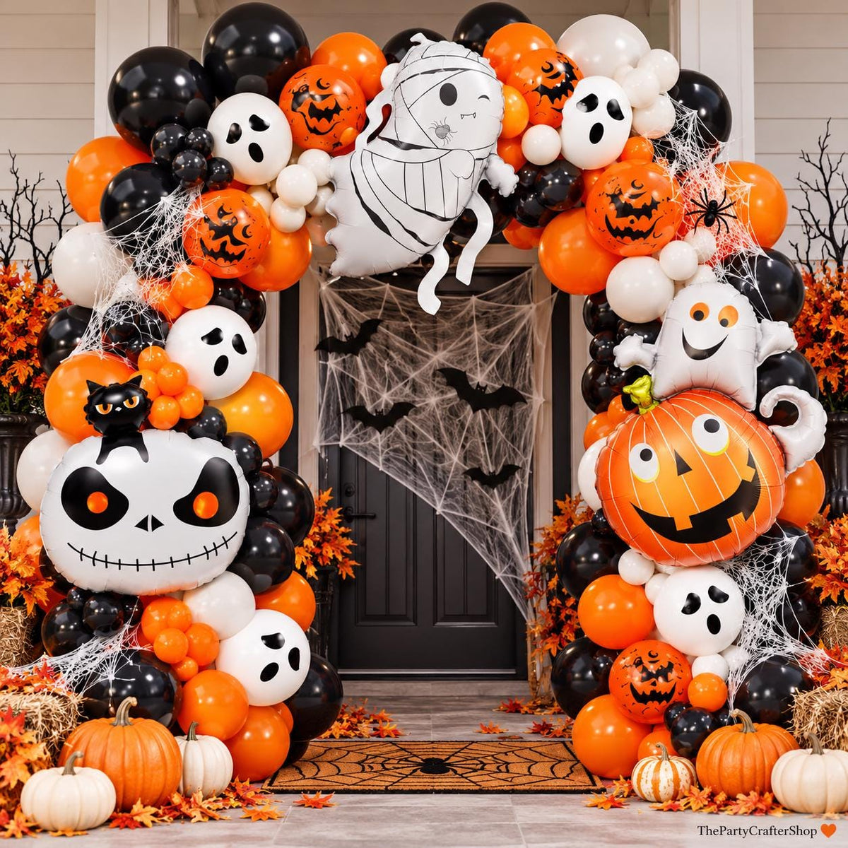 139-Piece Halloween Balloon Arch Kit, Mummy Skull Pumpkin Ghost Foil Balloons, Black Orange White Garland for Porch Party Decor