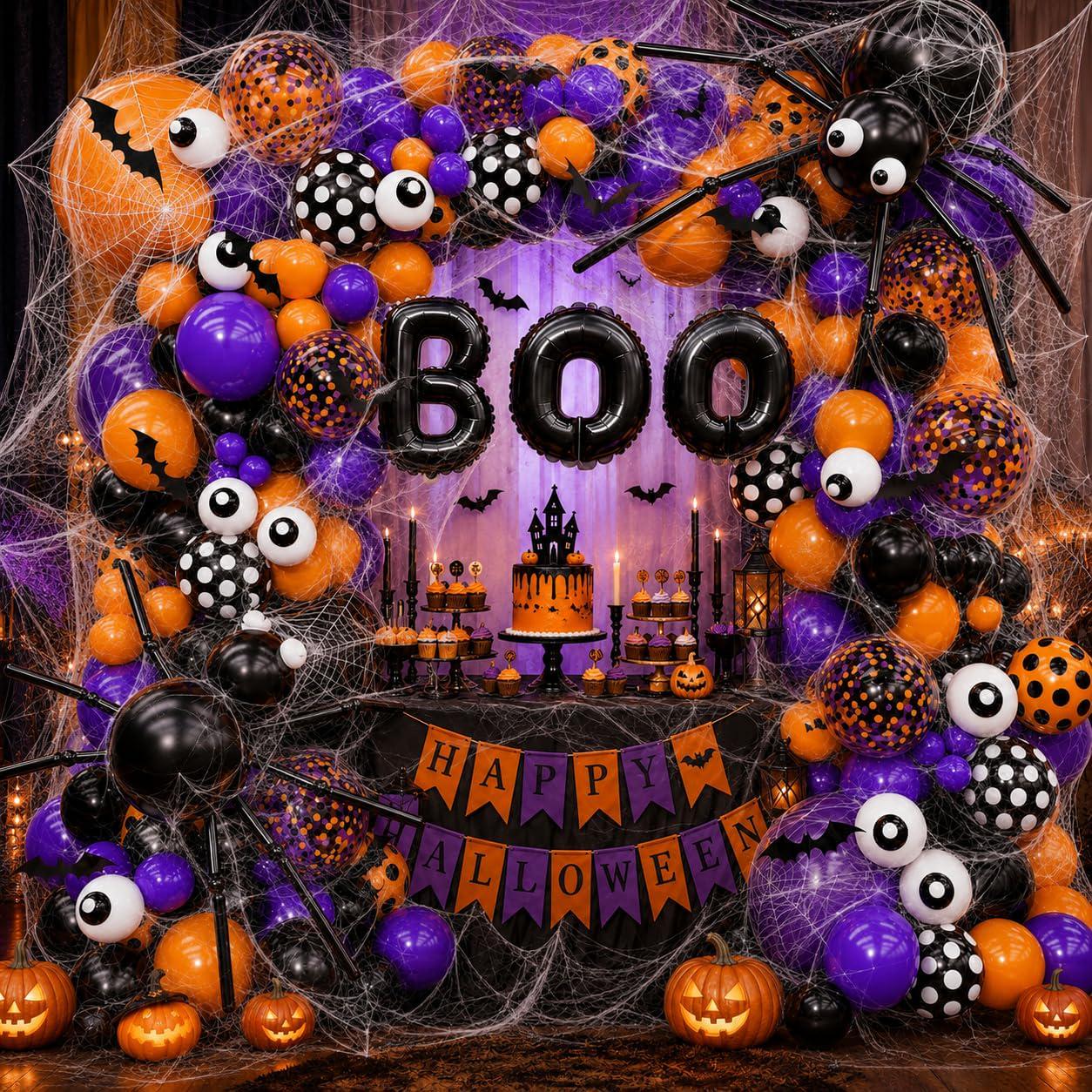 202-Piece Halloween Balloon Arch Kit, Black Orange Purple, 3D Bats, Eyeballs (All-in-One)