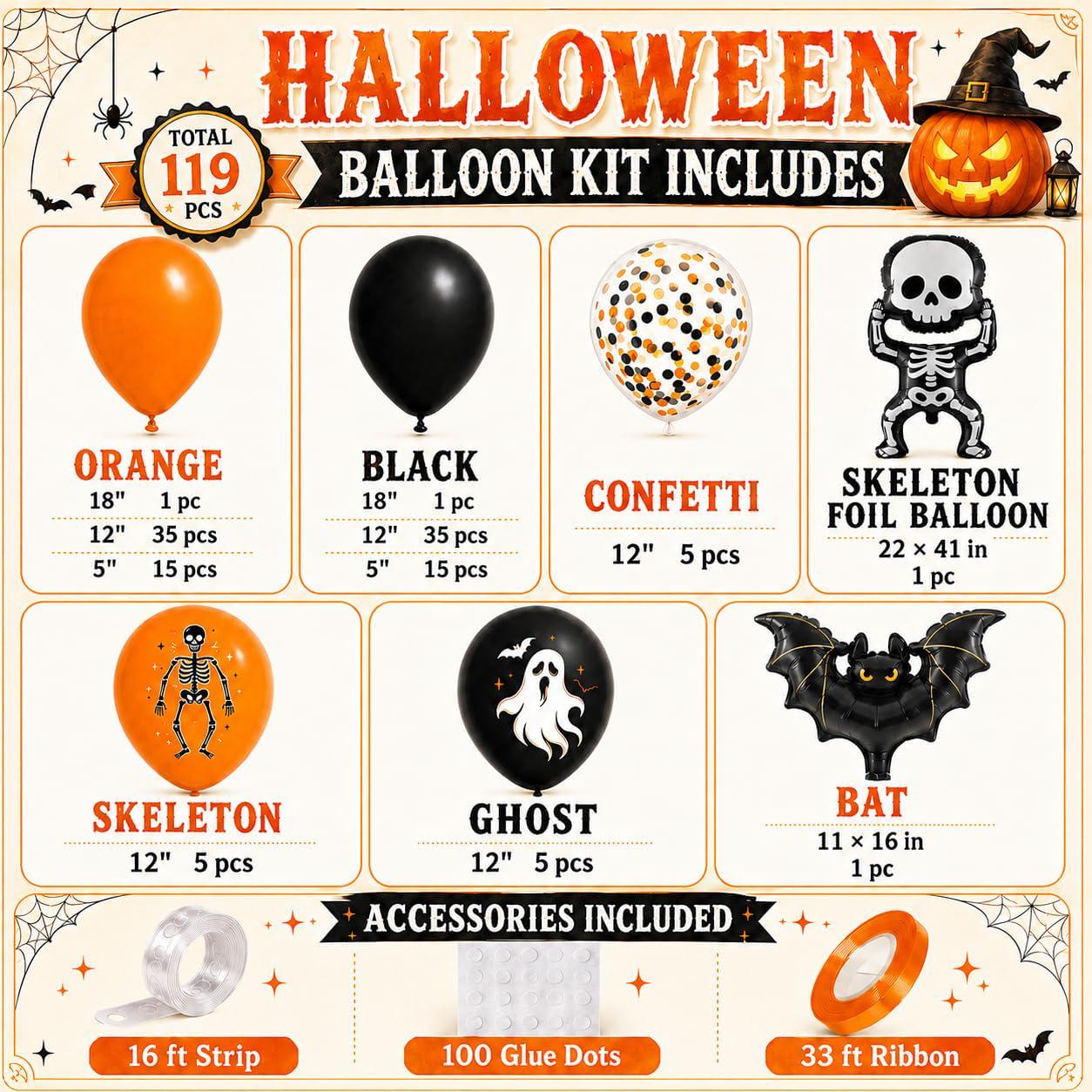 119-Piece Halloween Balloon Arch Kit with 117 Latex and 2 Foil Balloons