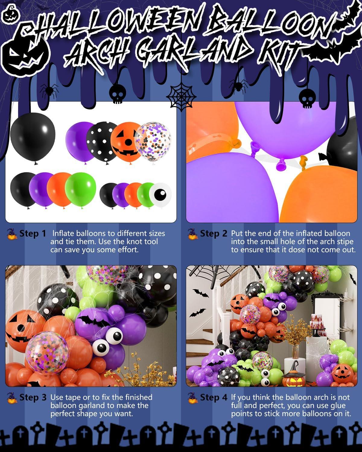 127-Piece Halloween Balloon Arch Kit, Purple Black Orange Green Confetti, Spider Web Bats (DIY Party Decor)