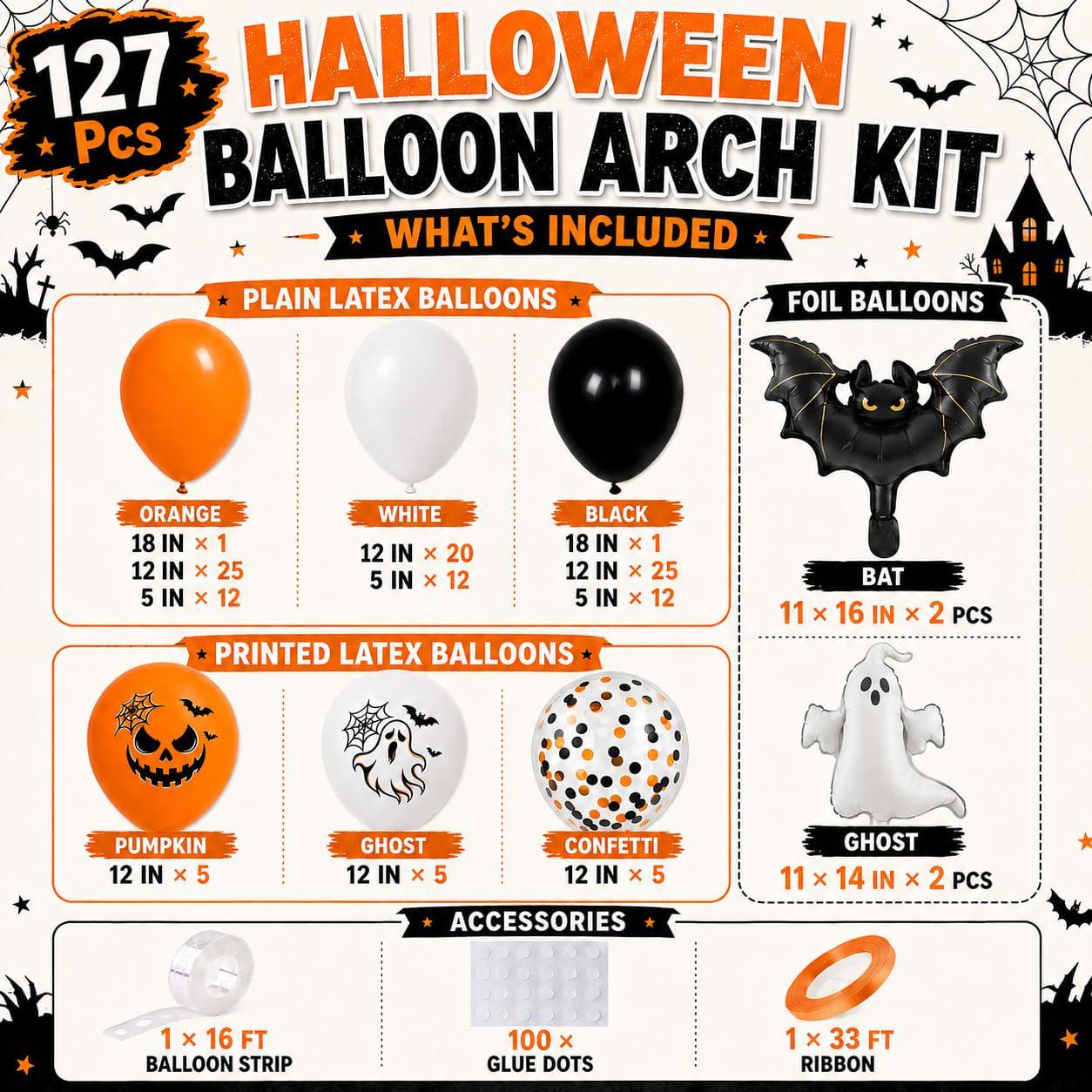 127-Piece Halloween Balloon Arch Kit, Ghost Bat Foil, Jack-o'-Lantern Prints (Orange Black White)