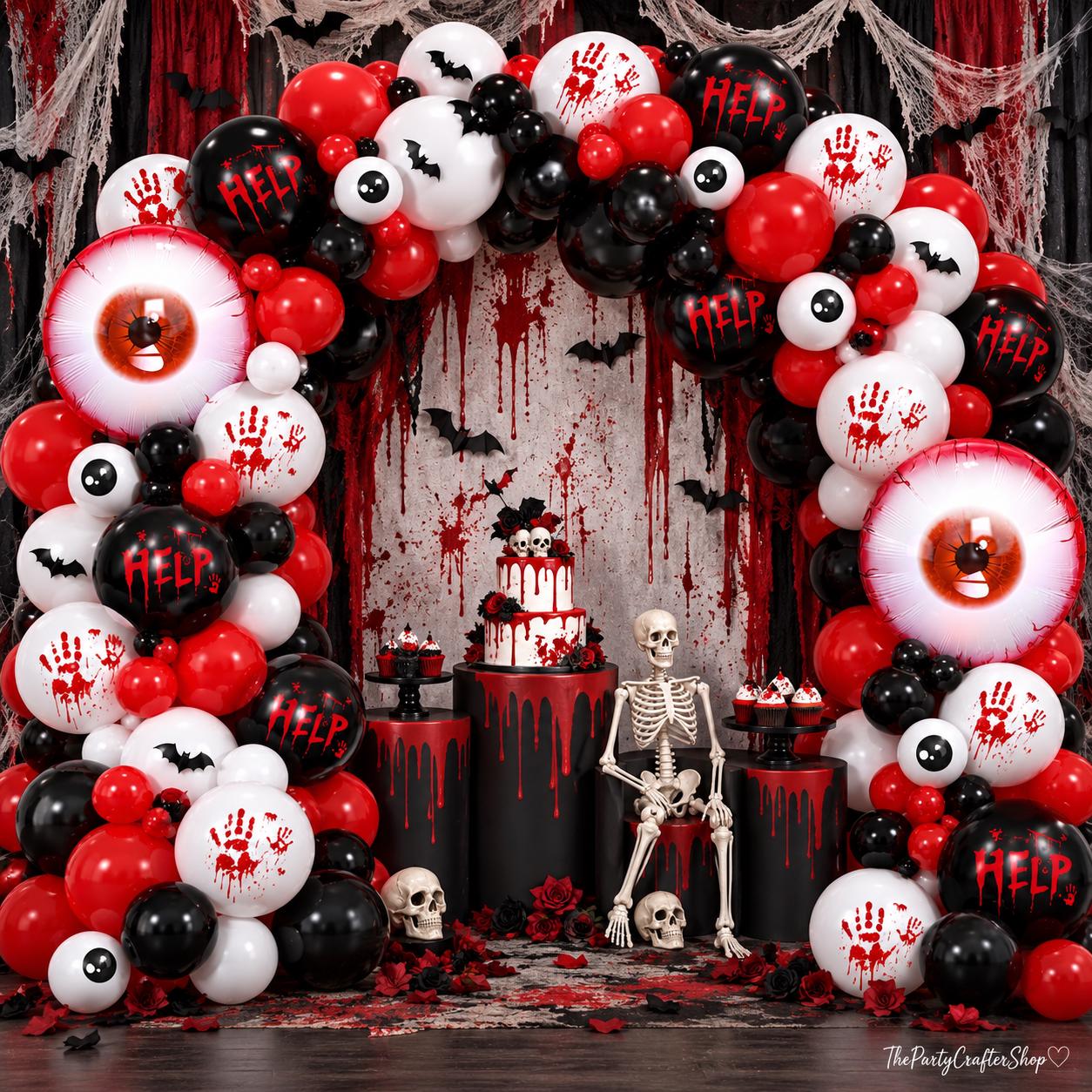 159-Piece Bloody Halloween Balloon Arch Kit, Horror Party Decor (Red, Black, White)