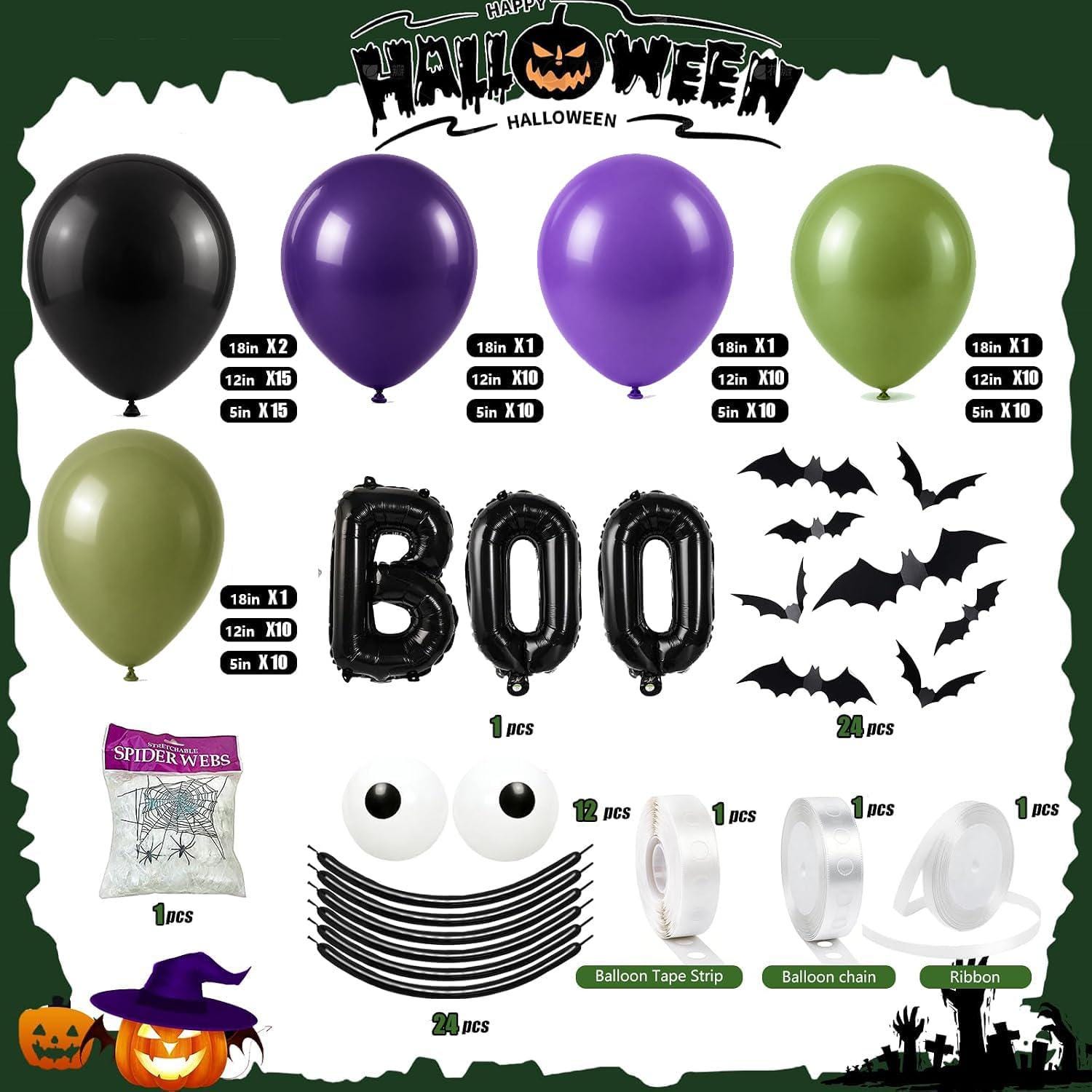 178-Piece Halloween Balloon Arch Kit, Purple Green Black, 3D Bats Spider Web Decor