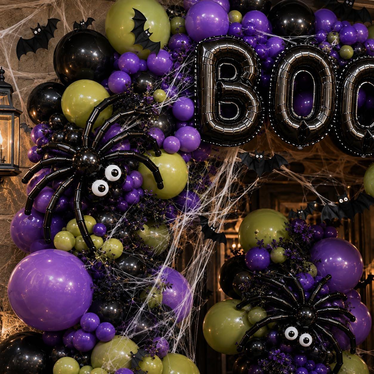 178-Piece Halloween Balloon Arch Kit, Purple Green Black, 3D Bats Spider Web Decor