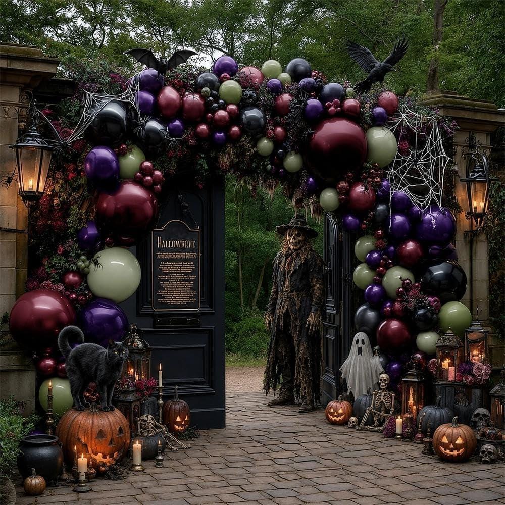 Gothic Halloween Balloon Arch Kit, Double Stuffed Lime Green Purple Burgundy Black (76 Balloons)