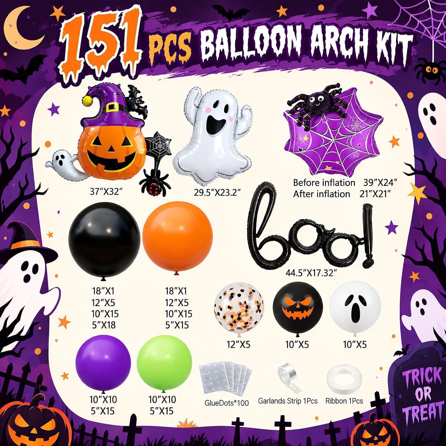 151-Piece Halloween Balloon Arch Kit, Ghost Pumpkin BOO Foil Balloons, Spooky Party Decor
