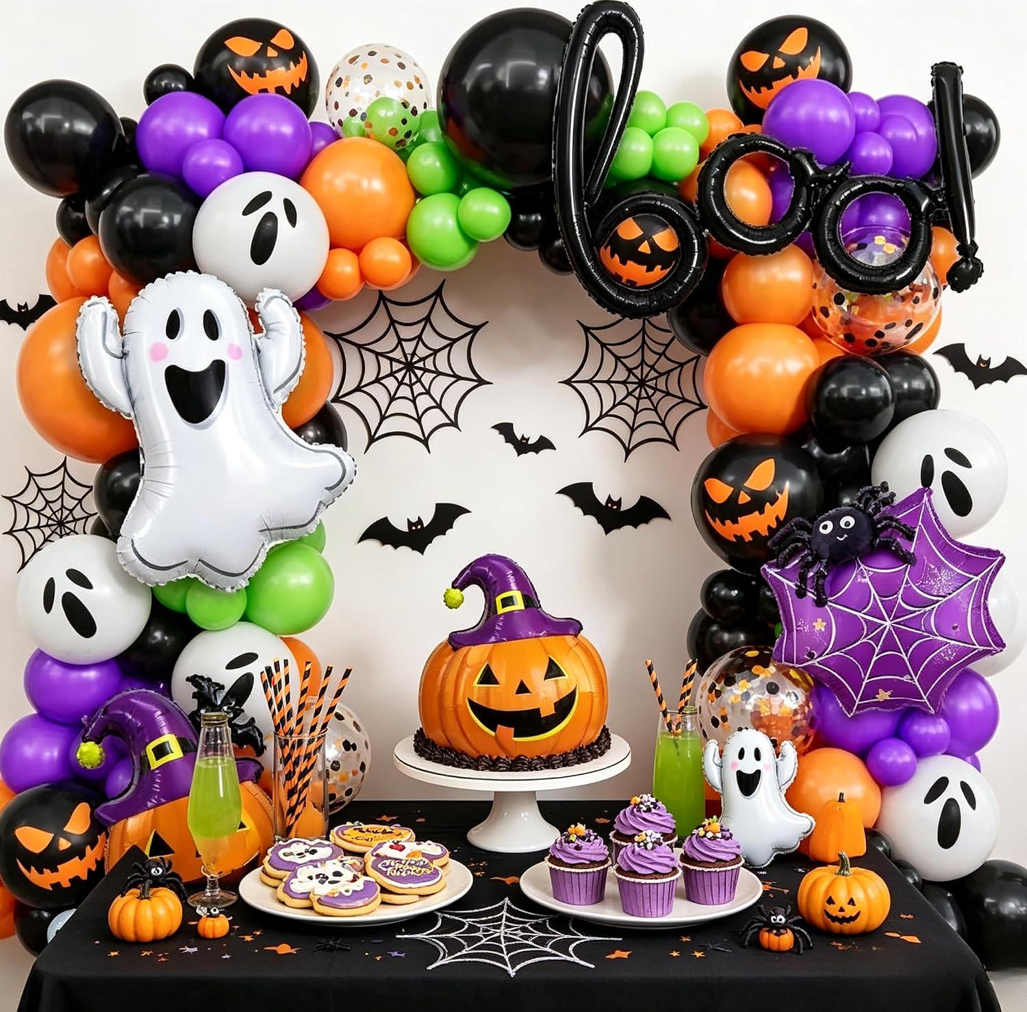 151-Piece Halloween Balloon Arch Kit, Ghost Pumpkin BOO Foil Balloons, Spooky Party Decor