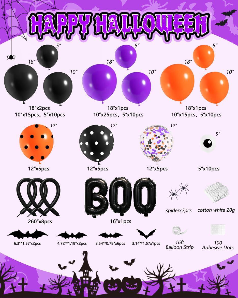 Halloween Balloon Arch Kit, Purple Black Orange, BOO Eye, Spider Web Bats (125Pcs)