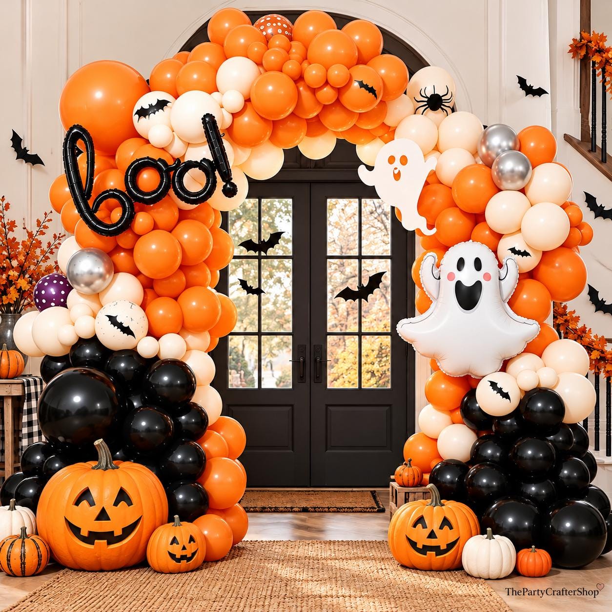 151-Piece Halloween Balloon Arch Kit, Burnt Orange Black Ghost BOO Foil (Party Backdrop)