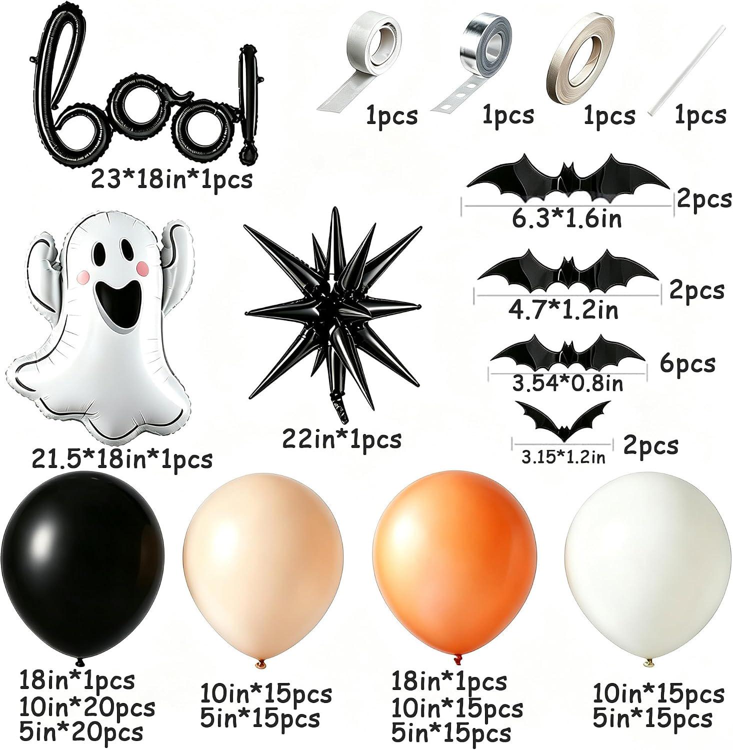 151-Piece Halloween Balloon Arch Kit, Burnt Orange Black Ghost BOO Foil (Party Backdrop)