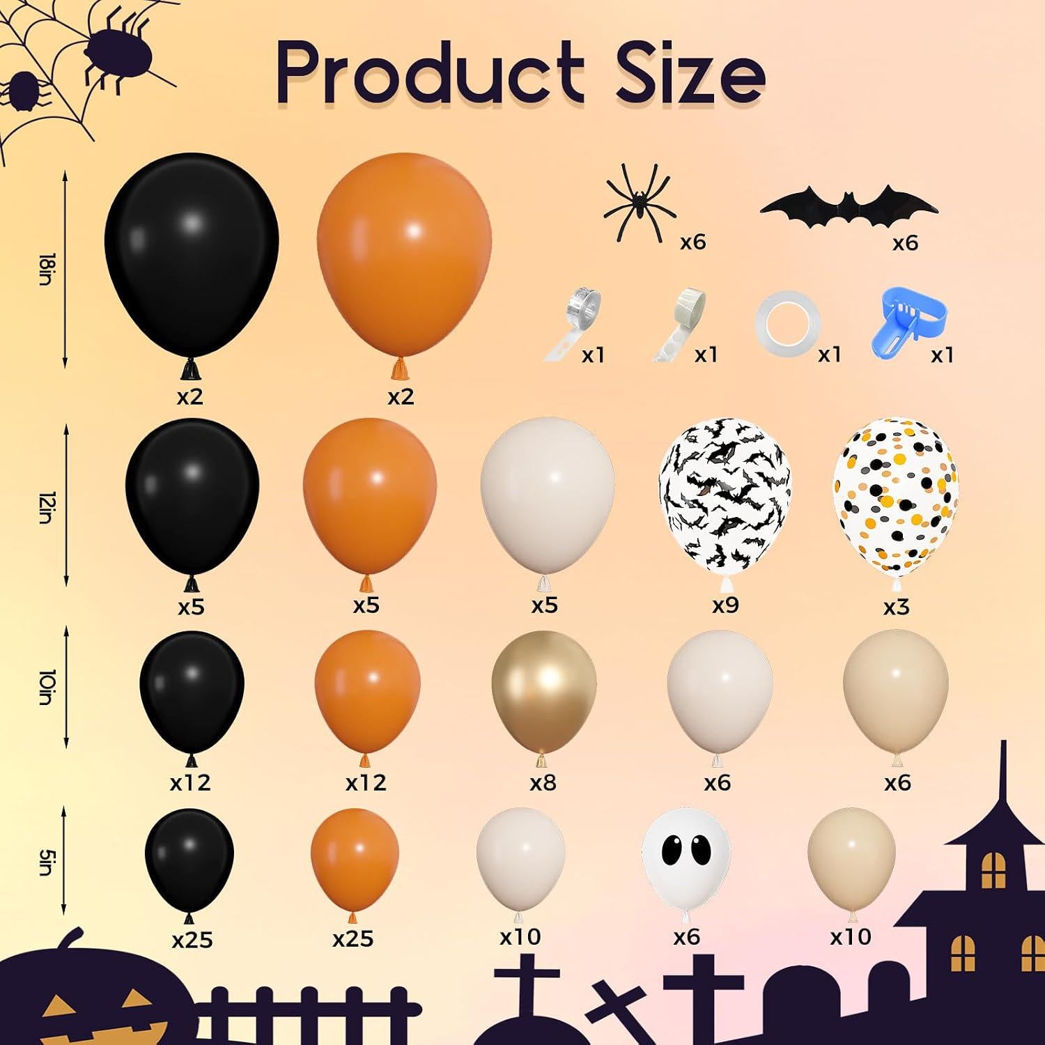 151-Piece Halloween Balloon Arch Kit, Ghost Spider Bat Foil Balloons, Spooky Party Decor