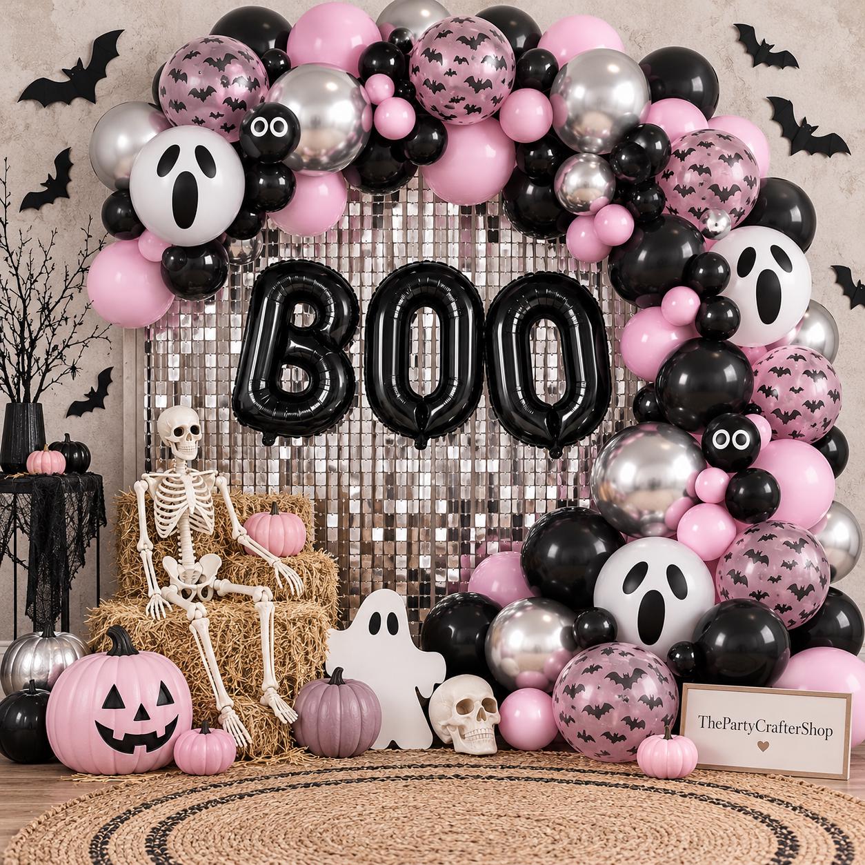 Pink Black Halloween Balloon Arch Kit, Ghost Bat BOO Foil Confetti (Party Decor)