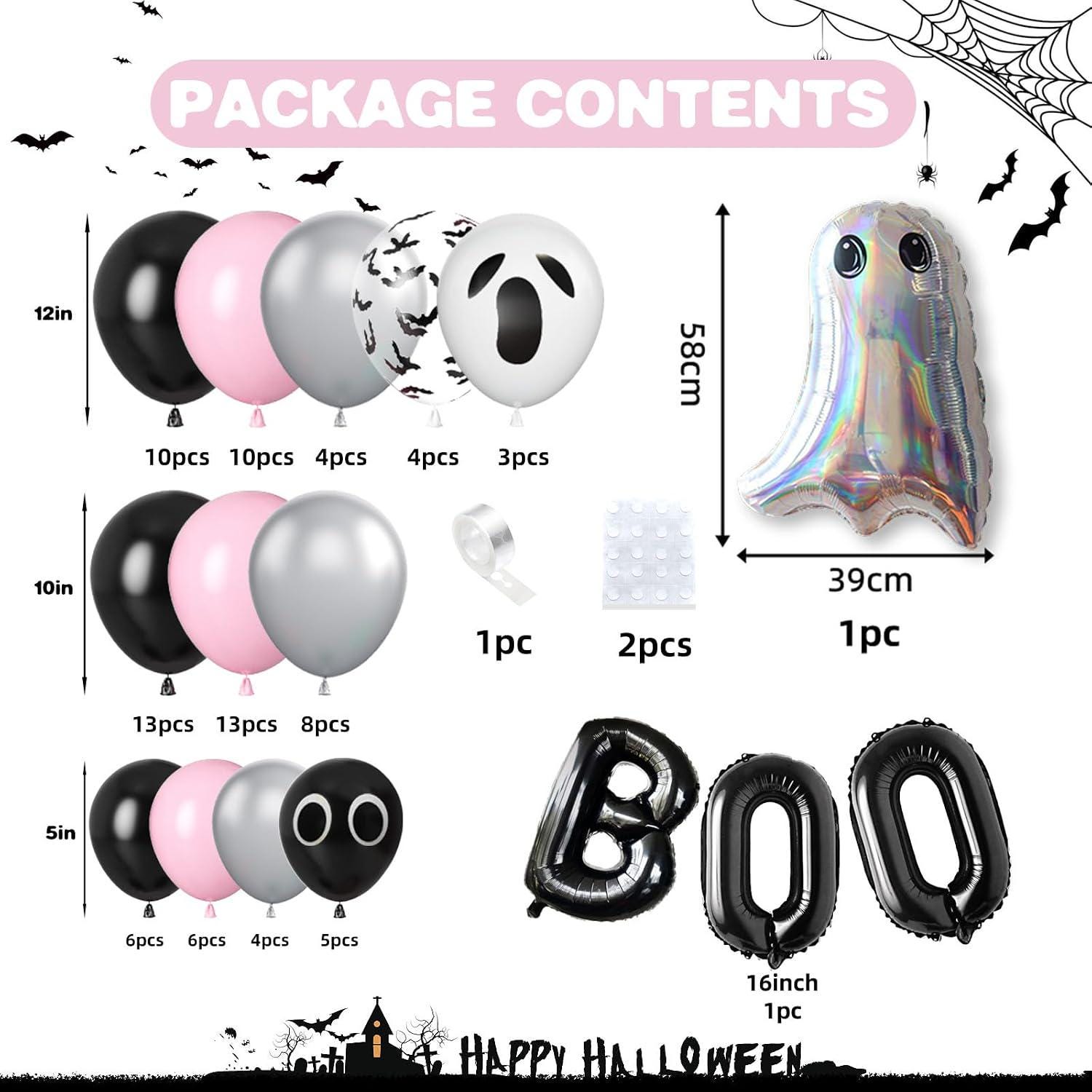 Pink Black Halloween Balloon Arch Kit, Ghost Bat BOO Foil Confetti (Party Decor)