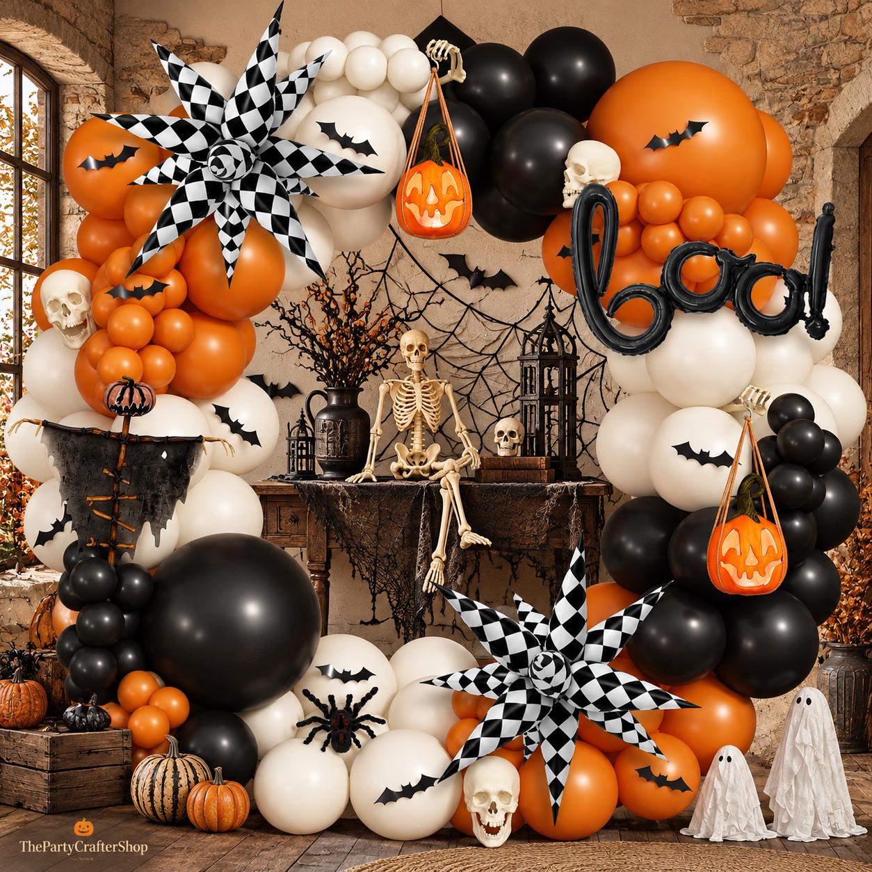 Halloween Balloon Arch Kit, Burnt Orange Black White, BOO Checkered Stars, 3D Bats (All-in-One)