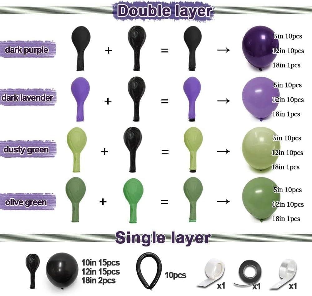 Double Stuffed Halloween Balloon Arch Kit, Purple Olive Green Black, Spooky Party Decor