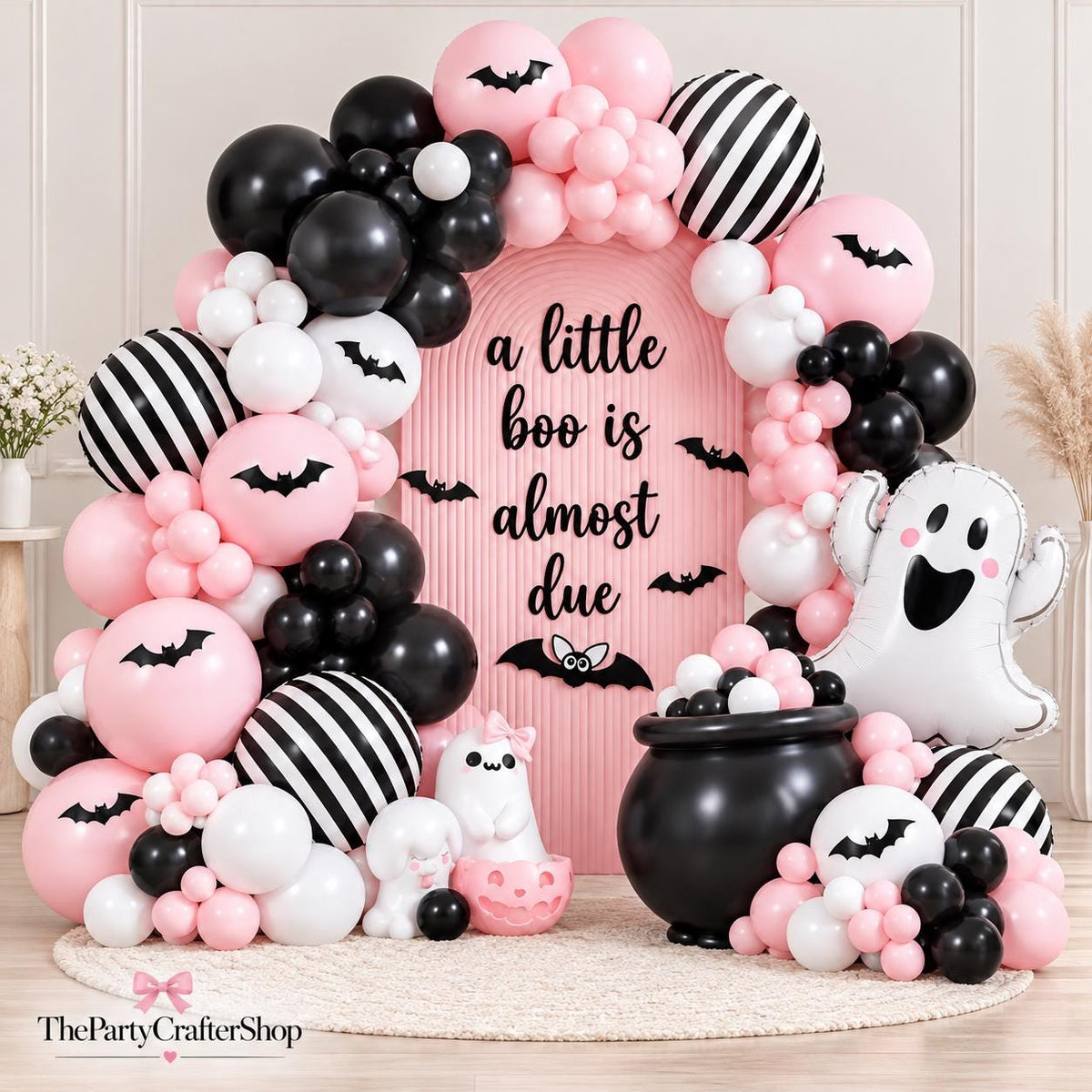 Spooky One Little Boo Baby Shower Balloon Arch Kit, Pink Black Halloween Party Decor