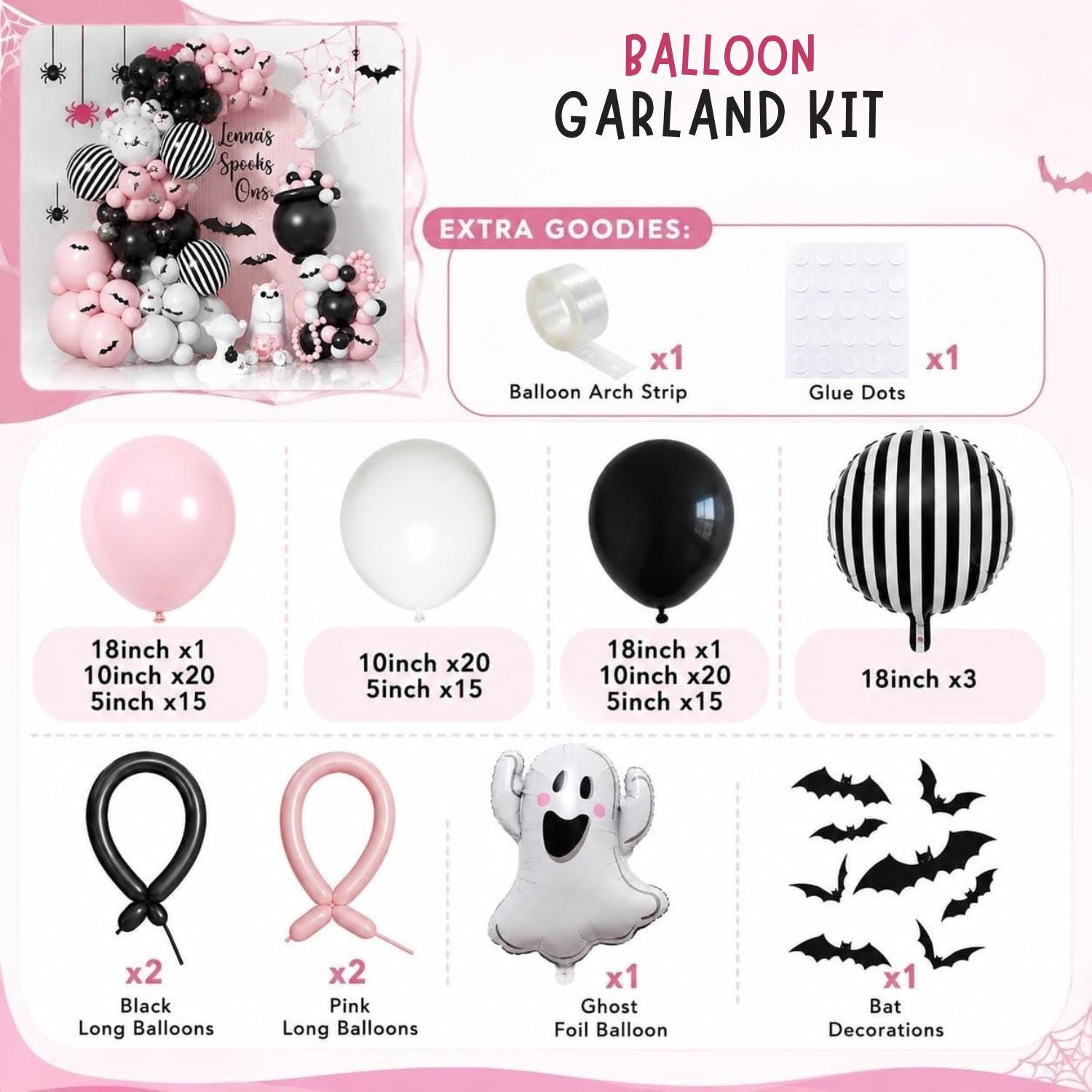 Spooky One Little Boo Baby Shower Balloon Arch Kit, Pink Black Halloween Party Decor