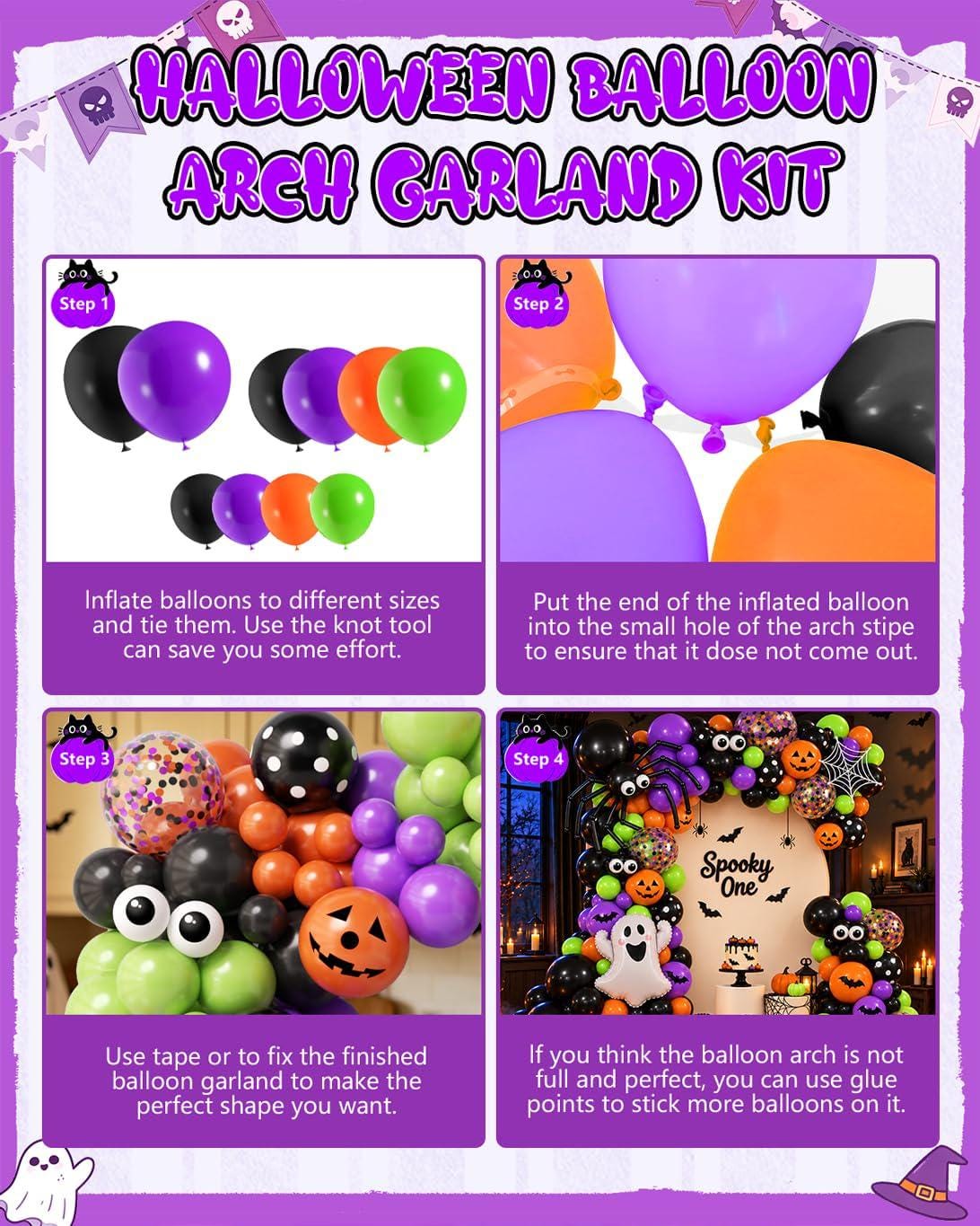 Halloween Balloon Arch Kit, Black Orange Purple Green, Ghost BOO Foil Decor