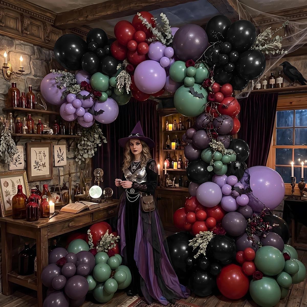 Gothic Halloween Balloon Arch Kit, Double Stuffed Lavender Red Black Balloons, Bat Stickers