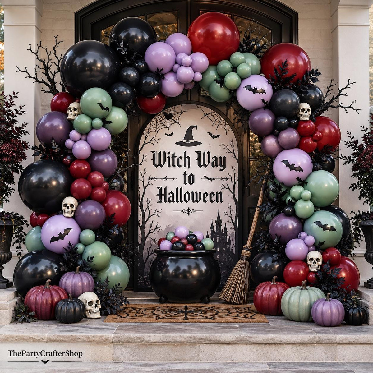 Gothic Halloween Balloon Arch Kit, Double Stuffed Lavender Red Black Balloons, Bat Stickers