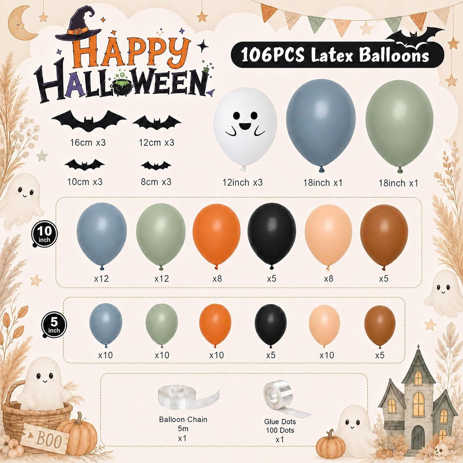 106pc Halloween Balloon Garland Kit, Dusty Blue Green Ghost Print, Boho Party Decor