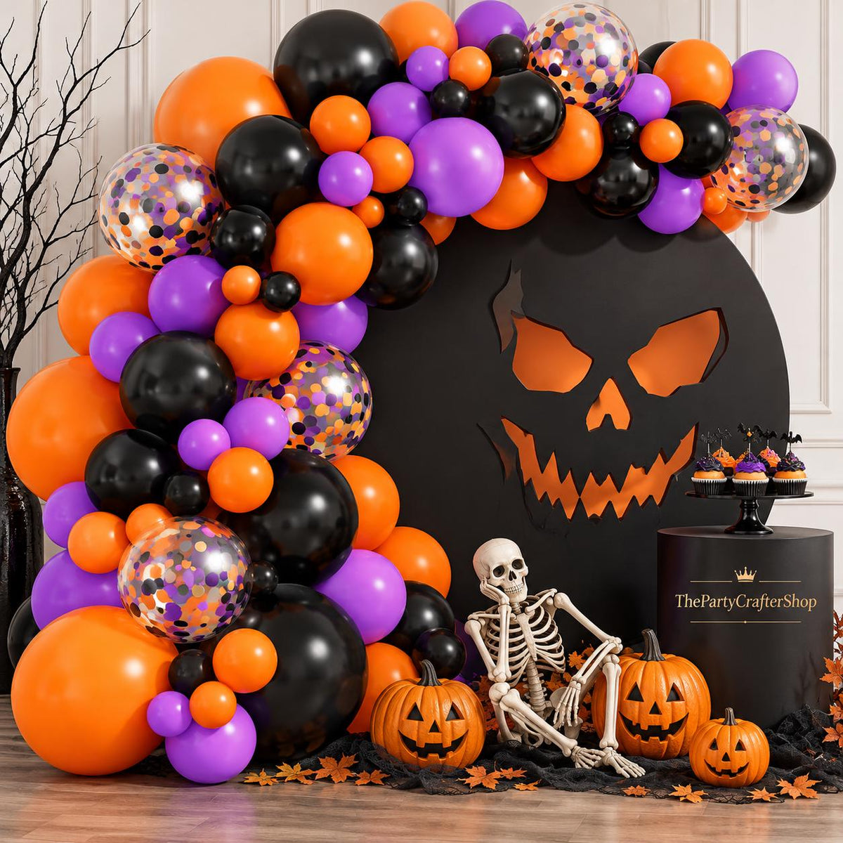 Halloween Balloon Arch Kit, Black Purple Orange Confetti, Spooky Party Decor