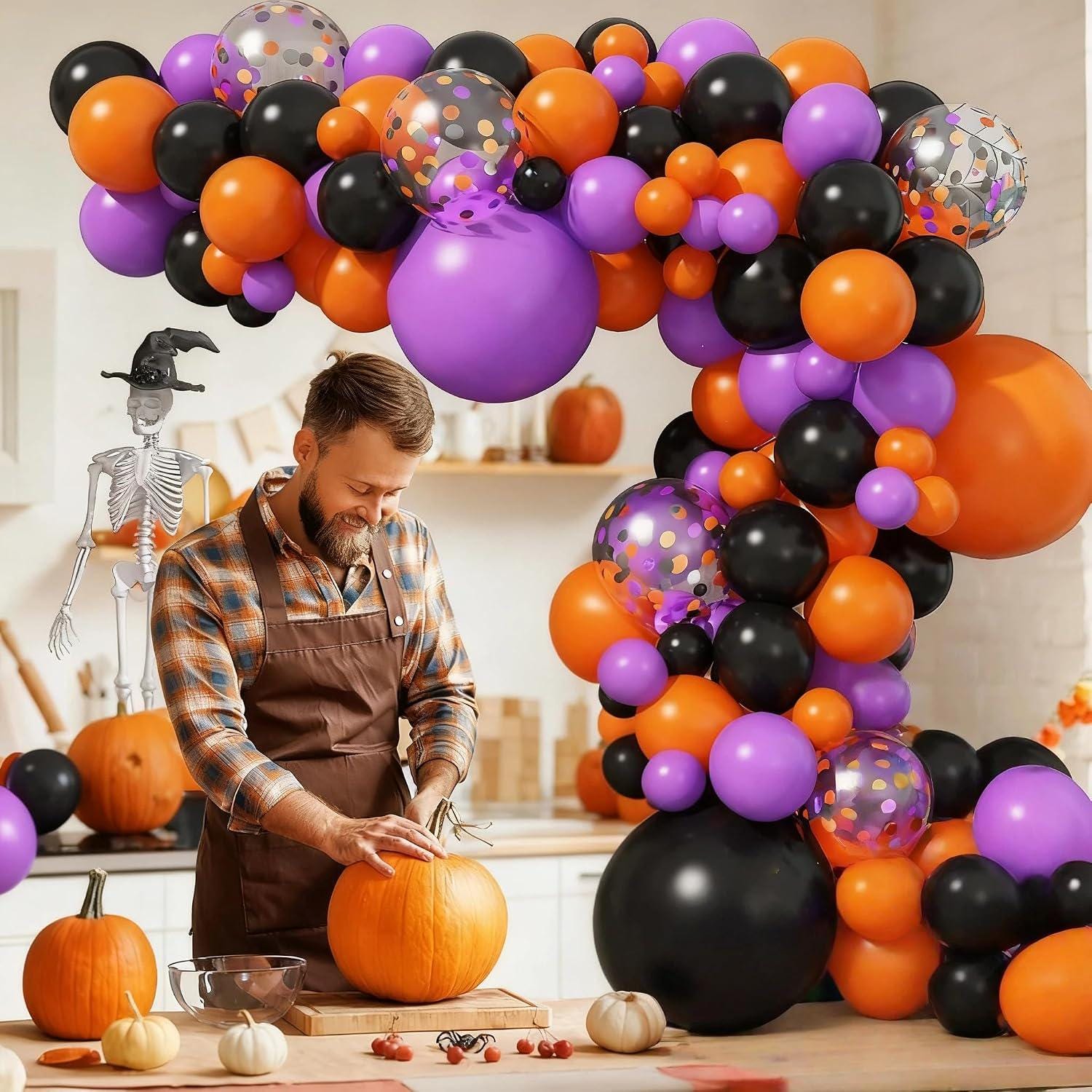 Halloween Balloon Arch Kit, Black Purple Orange Confetti, Spooky Party Decor