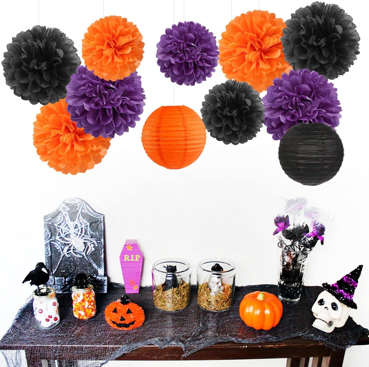 Halloween Party Decorations, Purple Orange Black Tissue Paper Flowers Lanterns (15PCS)